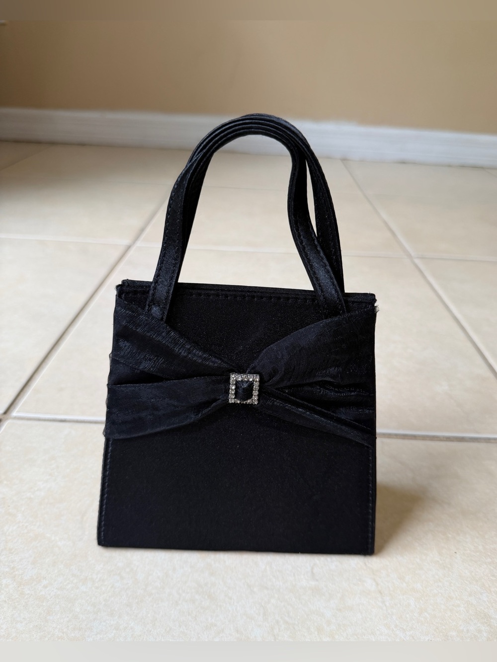 Vintage Black Satin Evening Bag Top Handle Rhinestone Bow Cocktail Purse Mini